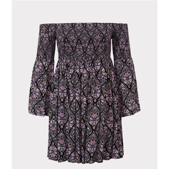 torrid Dresses & Skirts - Torrid 0X Purple Pink Floral Off Shoulder Romantic Boho Bell Sleeve Dress